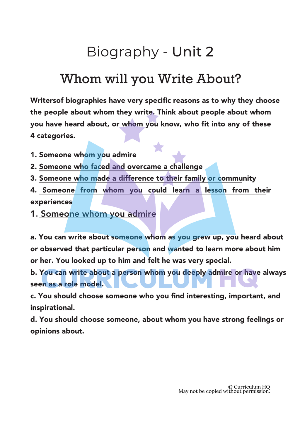 Biography Unit 2: Choosing a Subject & Gathering Research
