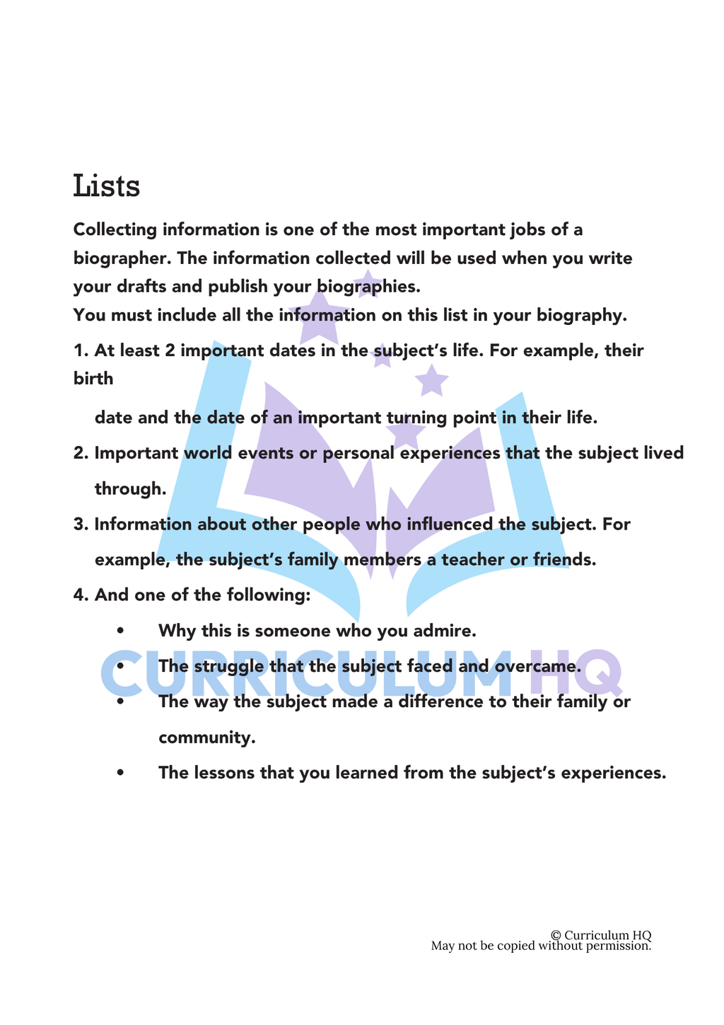 Biography Unit 2: Choosing a Subject & Gathering Research